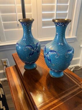 Vintage Decorative Blue Cloisonné Vase Pair - Turquoise Floral Accent